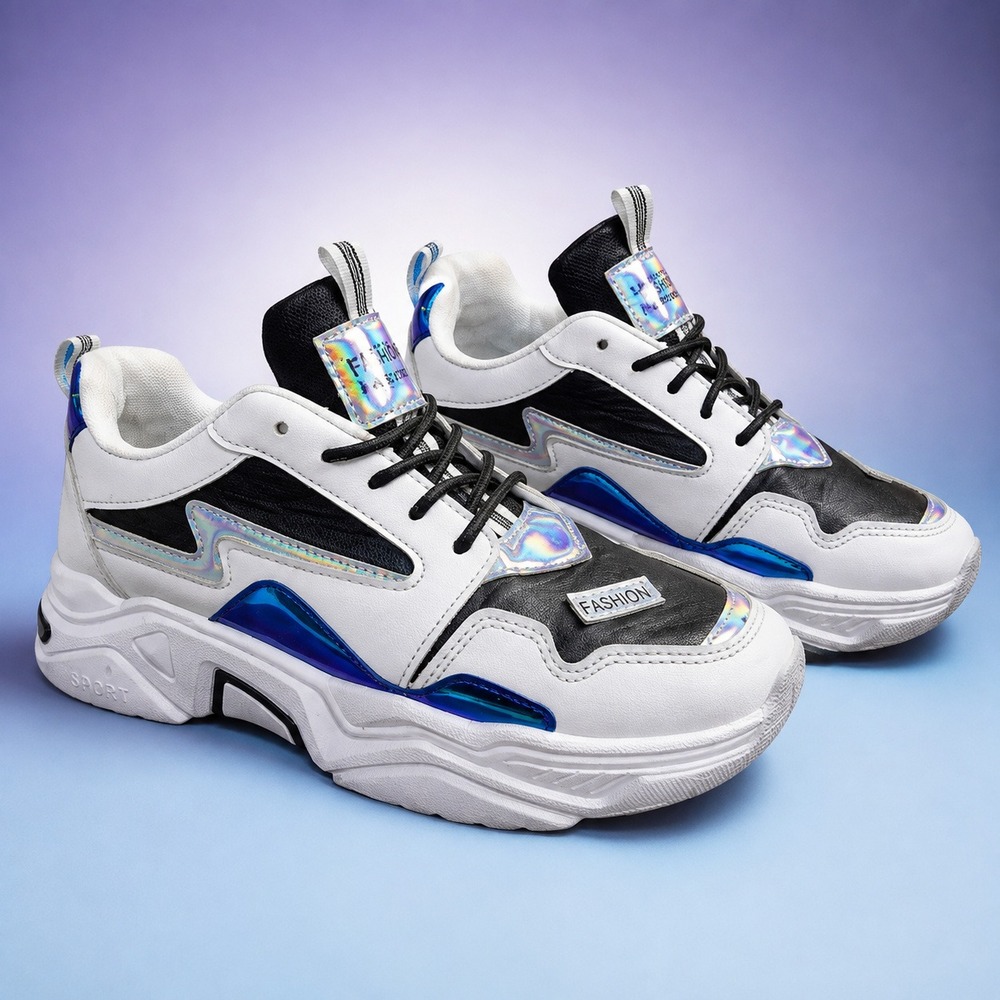Shelaidon Chunky White Platform Sneakers Holographic Blue Silver Streetwear 4